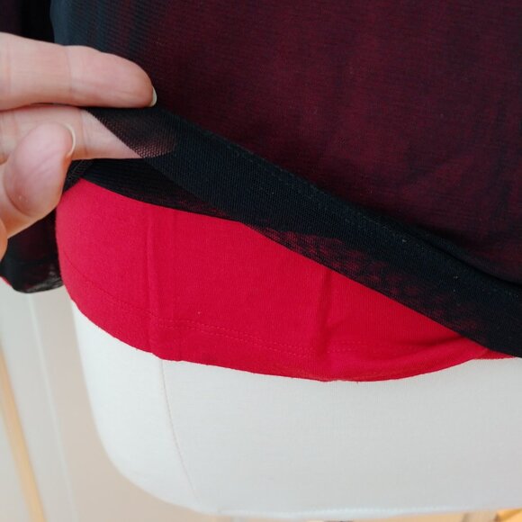 🔴 Calvin Klein Petites sz PM Double Layered Red Black Mesh Top Blouse Stretch - Picture 2 of 16